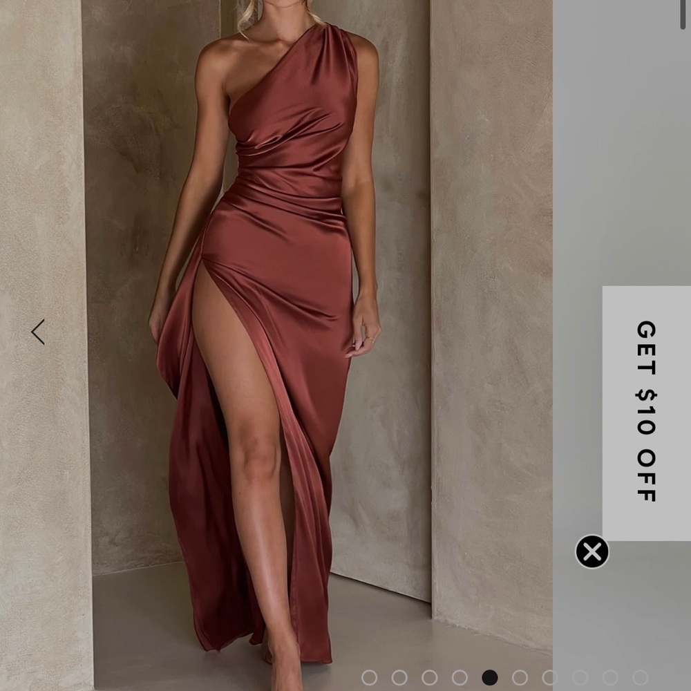 Baby boo rust brown formal dress, high slit